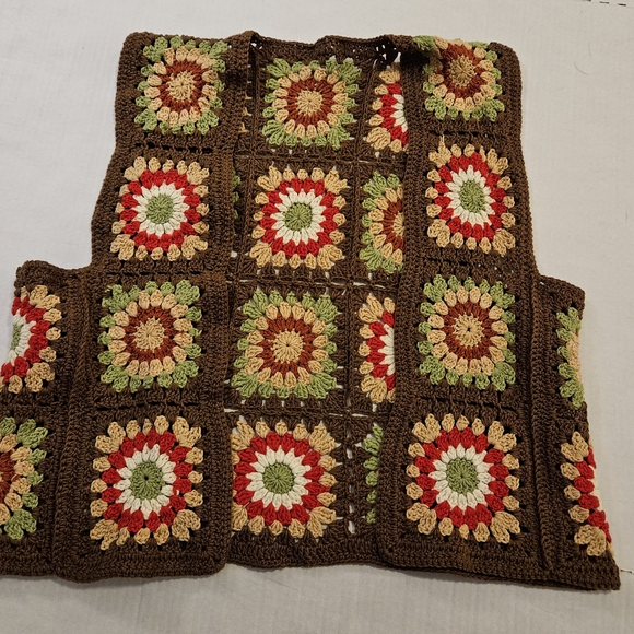 Crochet Granny Square Vest Brown Multi Color Floral Boho Design OS - Picture 3 of 9